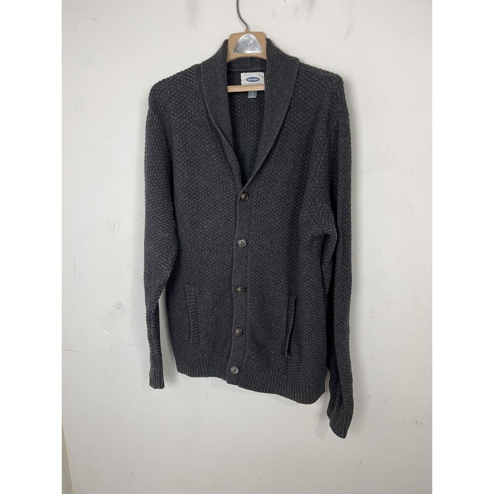 Old Navy Sweater Mens XL Gray Waffle Knit Fisherman Wool Shawl Collar‎ Cardigan - Picture 2 of 9